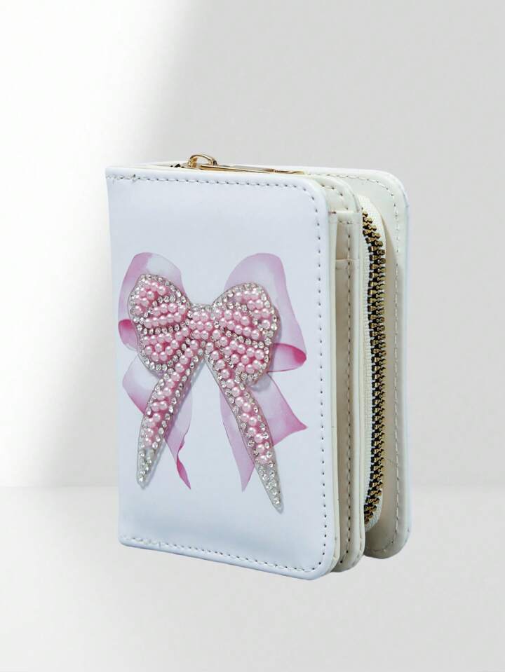 Kawaii Cute Girl Style Crystal Pearl Bow Print Multi-Function Zipper Card Holder With Coin Purse, Pink 401422 2 Kawaii Cute Girl Style Crystal Pearl Bow Print Multi-Function Zipper Card Holder With Coin Purse, Pink 401422