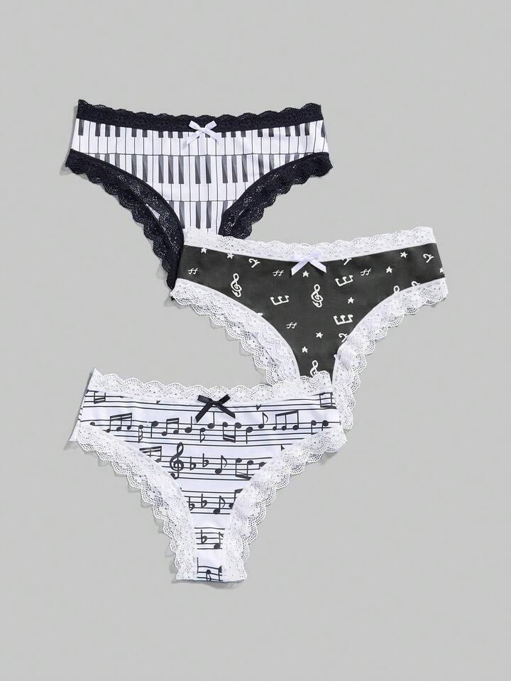J-Fashion 3pcs Women's Underwire, Musical Note & Letter Lace Panty Set