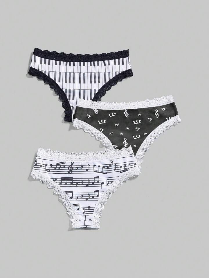 J-Fashion 3pcs Women's Underwire, Musical Note & Letter Lace Panty Set