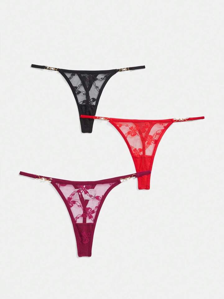3pcs/Set Lace Butterfly Metal Buckle Thong Panties Set