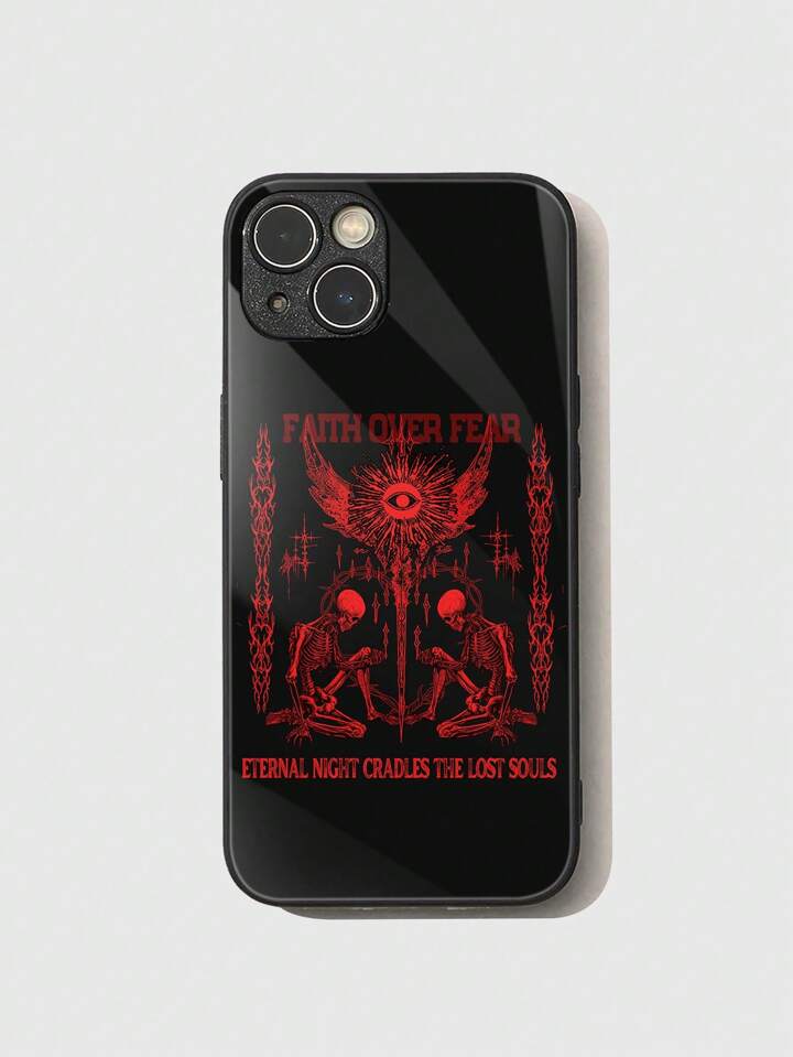 Goth 1pc Skeleton Pattern Print HD Glass Anti-Fall Phone Case Hard Compatible With IPhone, Halloween