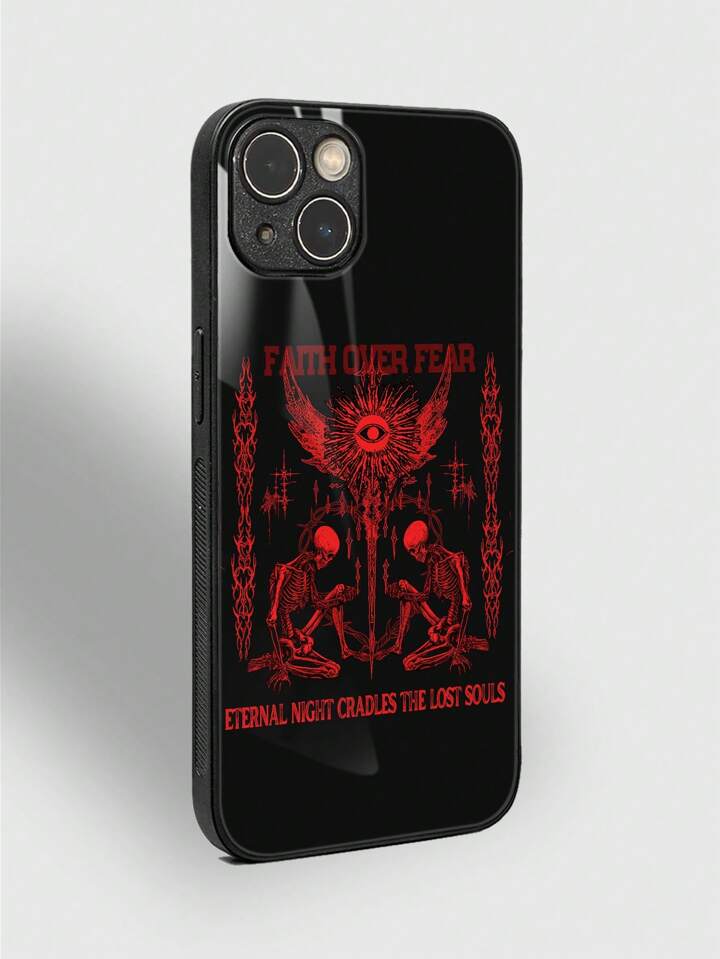 Goth 1pc Skeleton Pattern Print HD Glass Anti-Fall Phone Case Hard Compatible With IPhone, Halloween
