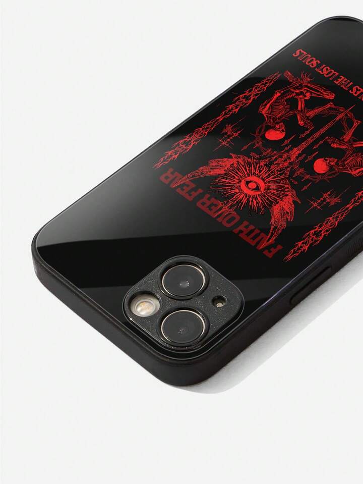 Goth 1pc Skeleton Pattern Print HD Glass Anti-Fall Phone Case Hard Compatible With IPhone, Halloween