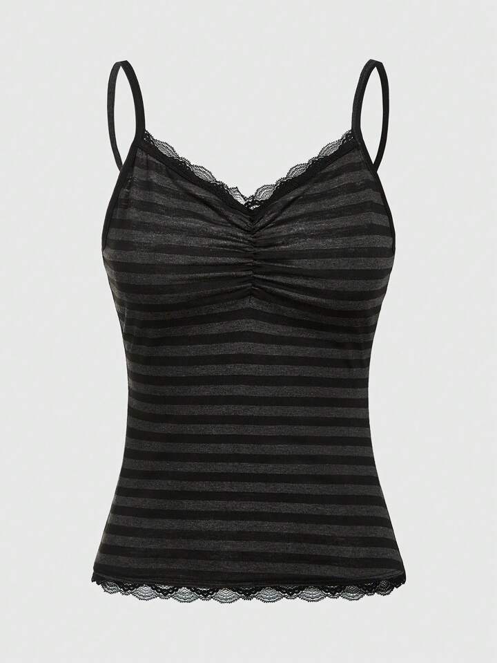 Summer Casual Versatile Black & Gray Striped Lace Trim Camisole