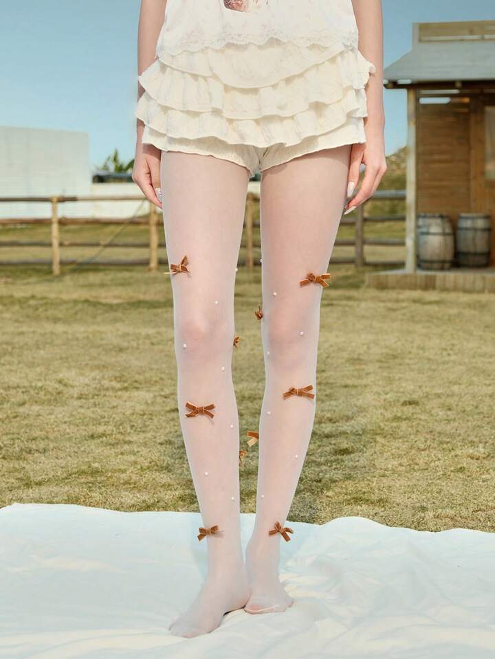 Kawaii 1 Pair White Bow Lace Tights, 1 Pair Sexy Brown Bow With Pearl Pantyhose, Stretchy Shaping Thin Stockings