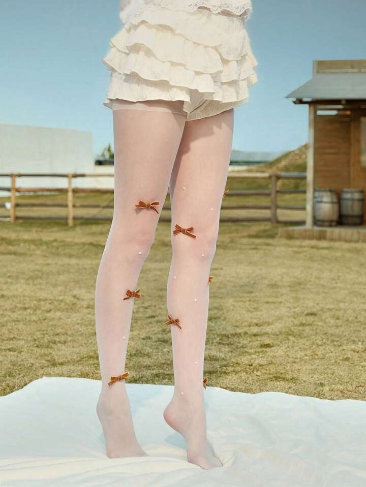 Kawaii 1 Pair White Bow Lace Tights, 1 Pair Sexy Brown Bow With Pearl Pantyhose, Stretchy Shaping Thin Stockings 4 Kawaii 1 Pair White Bow Lace Tights, 1 Pair Sexy Brown Bow With Pearl Pantyhose, Stretchy Shaping Thin Stockings