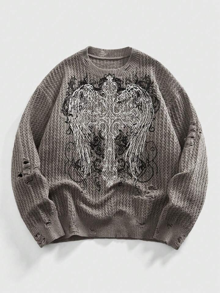 Anime Men's Ripped Cross Print Crew Neck Long Sleeve Knit Sweater