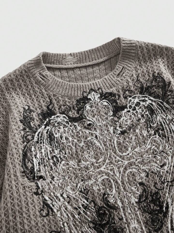 Anime Men's Ripped Cross Print Crew Neck Long Sleeve Knit Sweater