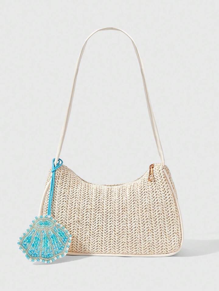 Fairycore 1pc Bohemian Style Beach Bag, Hollow Out Women's Handbag For Vacation, Comes With Strap Charm & Tropical Flower Decor