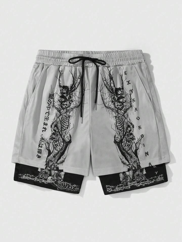 Anime Men Print Breathable Mesh Basketball Shorts, Casual Wear For Spring And Summer, School