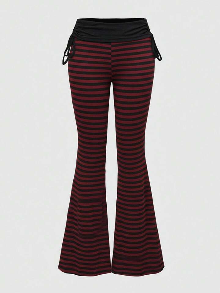 Grunge Punk Punk Style Striped Contrast Color Drawstring Flare Leg Pants For Women
