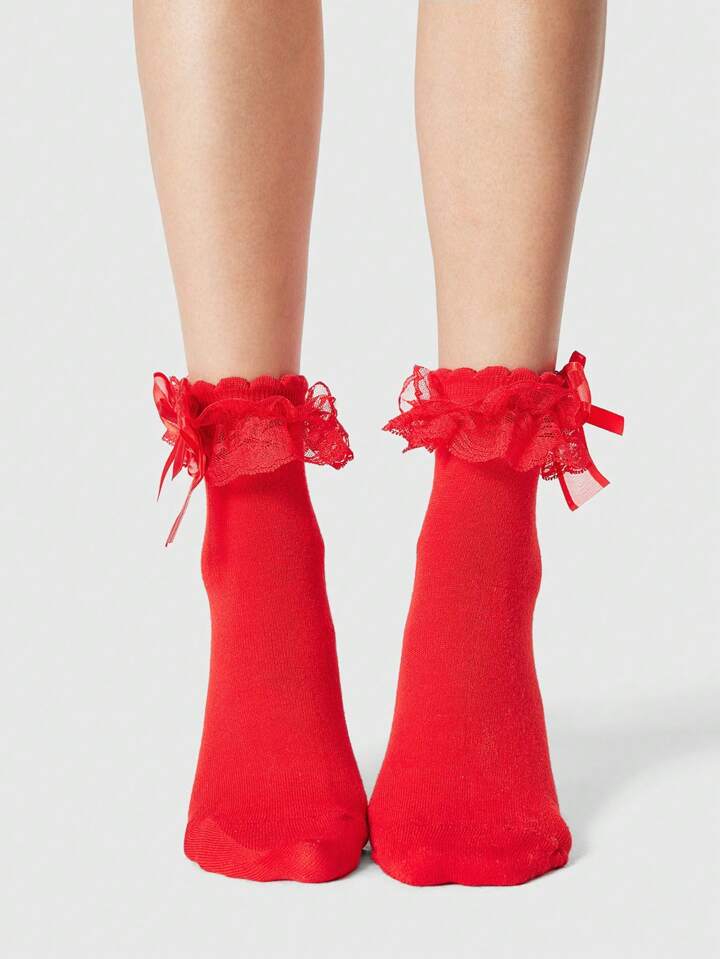 Kawaii Women's Sweet Lace Ruffle Bow Decor Mid-Calf Socks