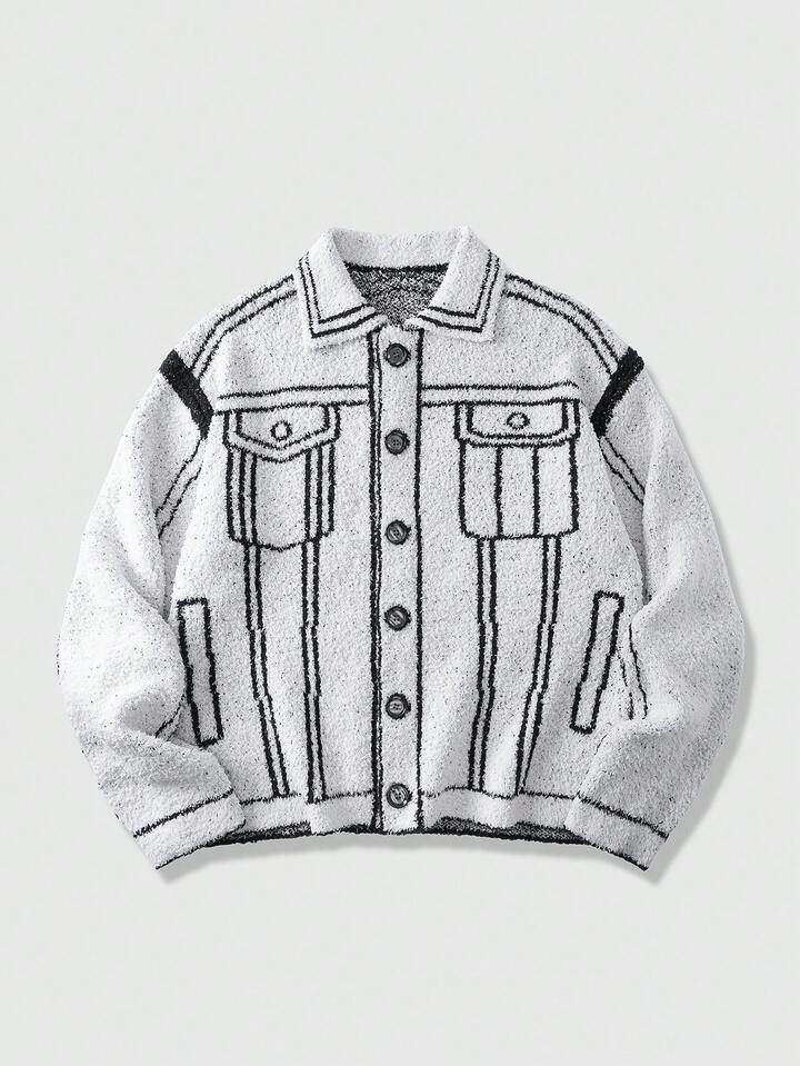 Casual Men's Fashionable Graphic Print Long Sleeve Cardigan, For Winter