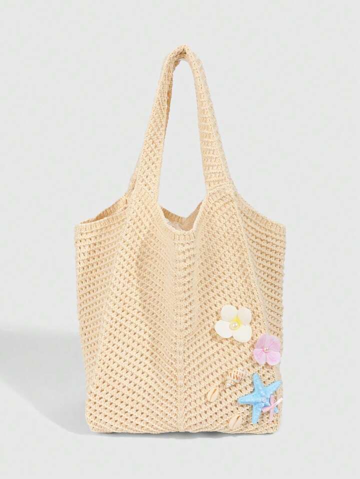 Fairycore 1pc Tropical Shiny Hollow Out Knitted Tote Bag, Beach Vacation Style Shoulder Bag