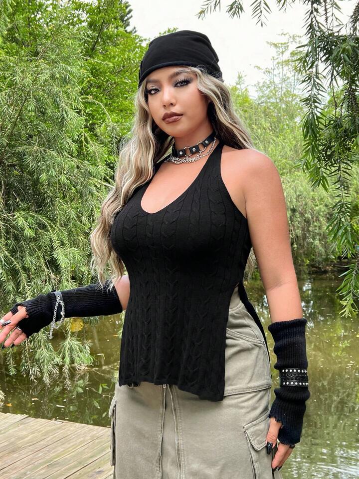 Plus Split Hem Halter Knit Top Without Glove