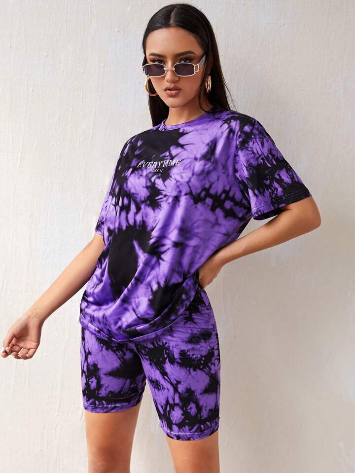 Tie Dye & Letter Graphic Tee & Biker Shorts Set