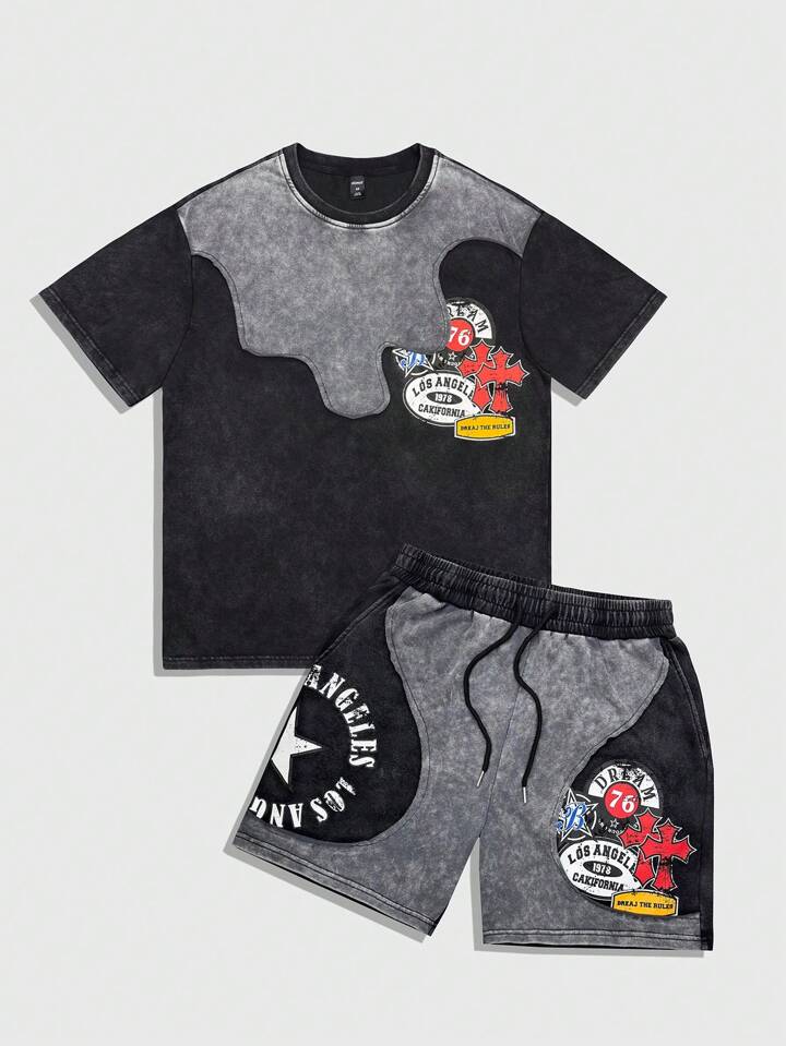 Prep Men's Street Life Graphic Print Crew Neck T-Shirt & Drawstring Shorts Set, Casual Sportswear