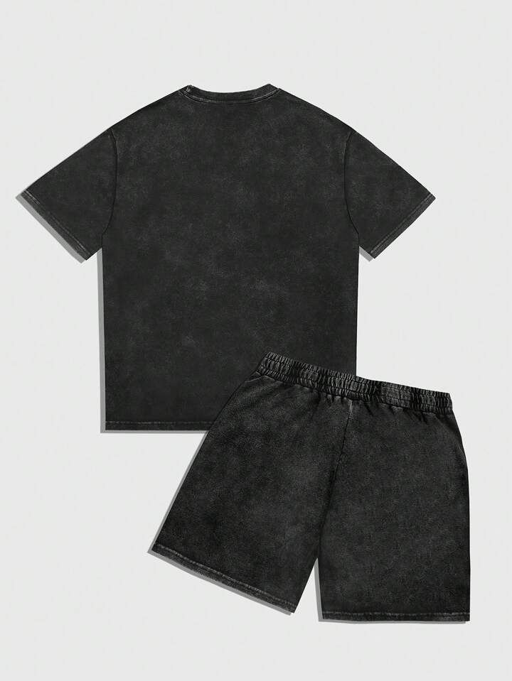 Prep Men's Street Life Graphic Print Crew Neck T-Shirt & Drawstring Shorts Set, Casual Sportswear