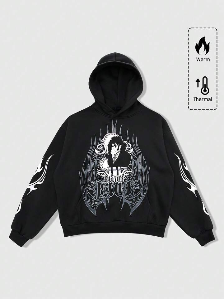 Black Jack X ROMWE Men's Cartoon Graphic Print Hoodie, Suitable For Autumn/Winter