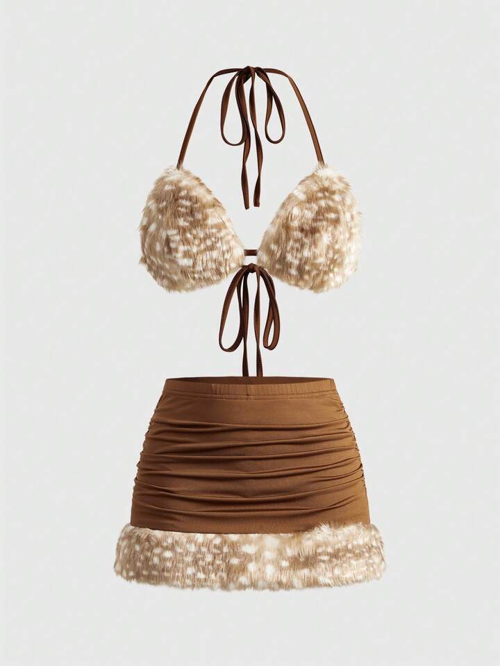 Hippie Chic Animal Print Plush Triangle Bra & Tie Side Bottoms 2pcs Set For Women
