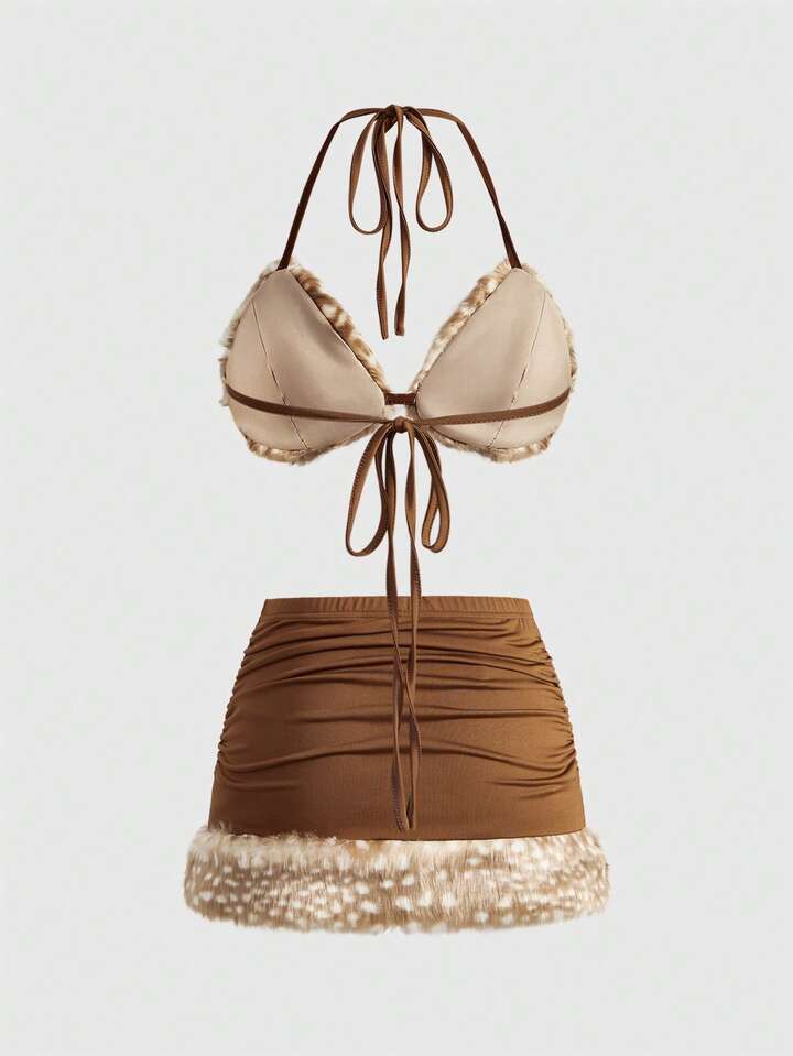 Hippie Chic Animal Print Plush Triangle Bra & Tie Side Bottoms 2pcs Set For Women
