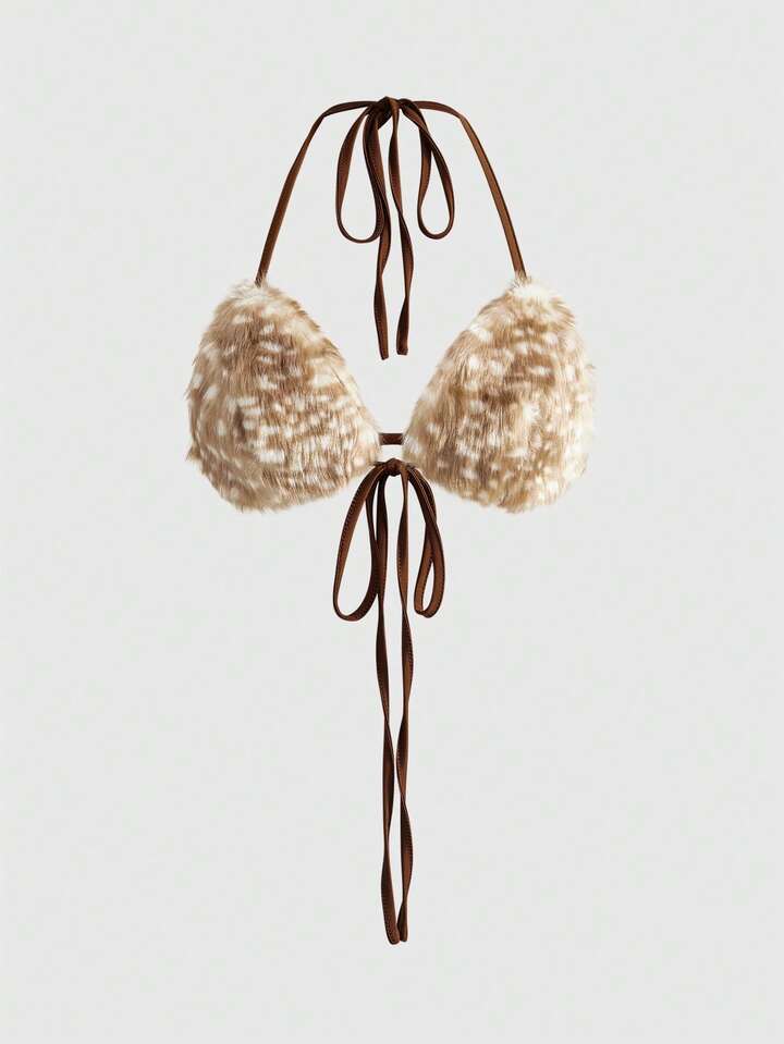 Hippie Chic Animal Print Plush Triangle Bra & Tie Side Bottoms 2pcs Set For Women