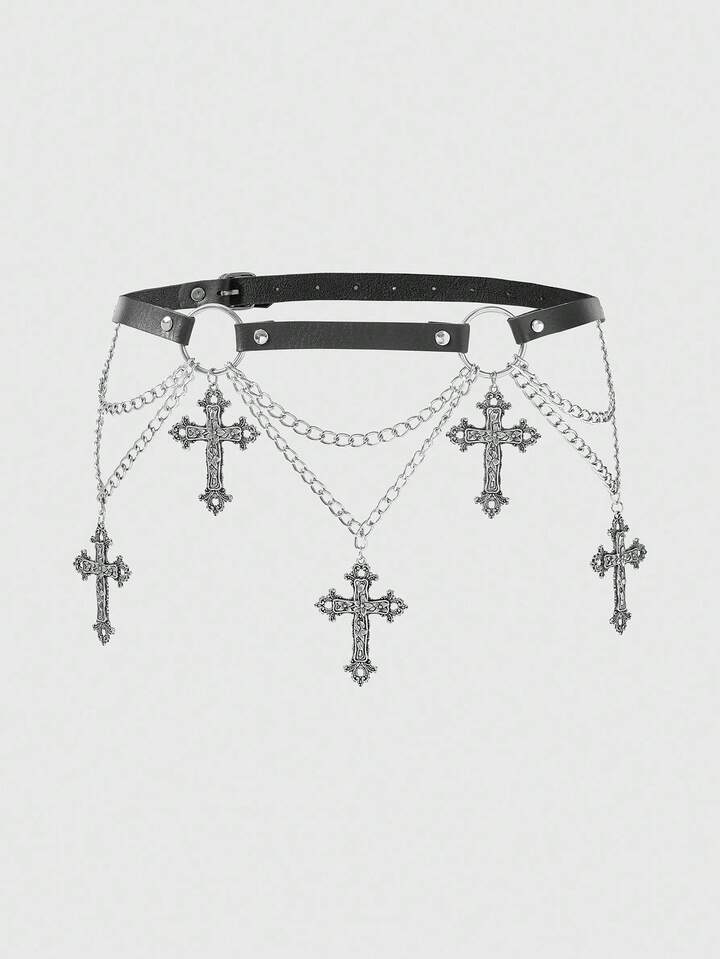 Goth 1pc Women's Black Circular Floral Vine Cross Decor Double Layer Chain Belt, Punk Style Decoration For Dress, Jeans, Halloween Accessory