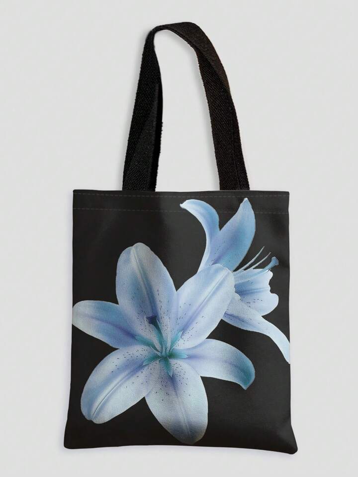 Kawaii Large Floral Versatile Commuter Vacation Reversible Blue Floral Print Tote Bag , Blue