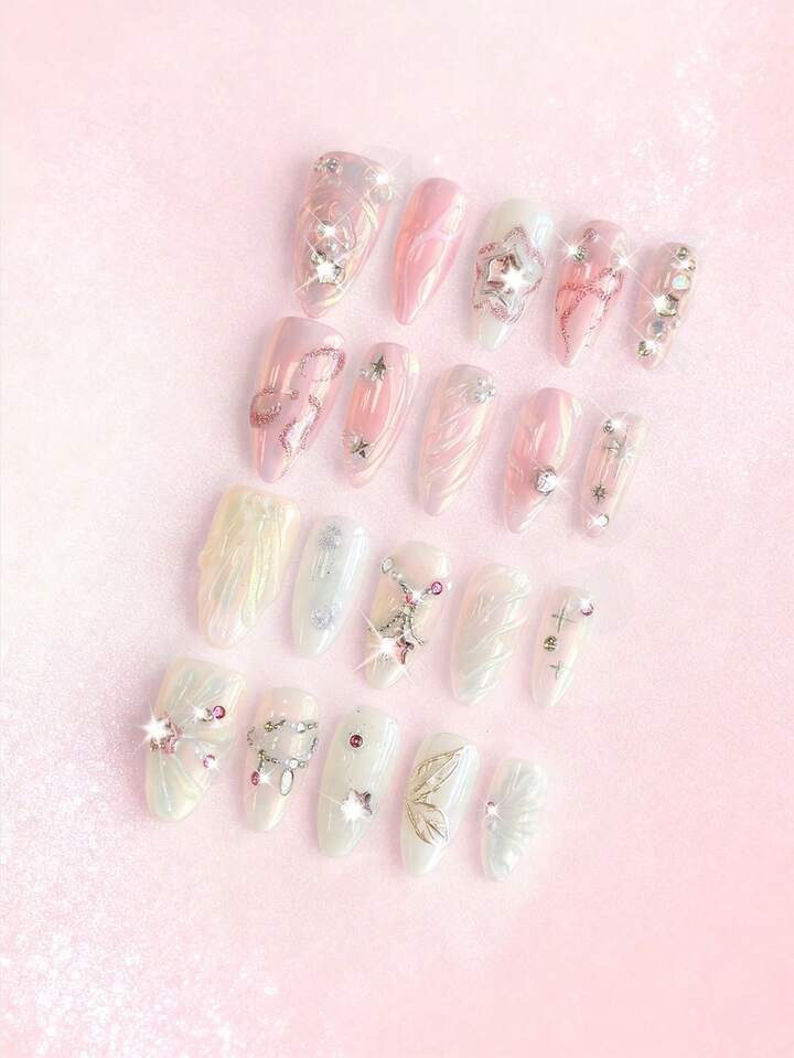Anime 10pcs Cute Wings, Rose, Bow, Music Note, Star Element High Quality Handmade False Nails + 3pcs Double-Sided Adhesive, Y2K Style Rhinestone Pink Polka Dot White Lace Removable Manicure Stickers, Suitable For Holidays, Parties, Dancing And Daily Wear