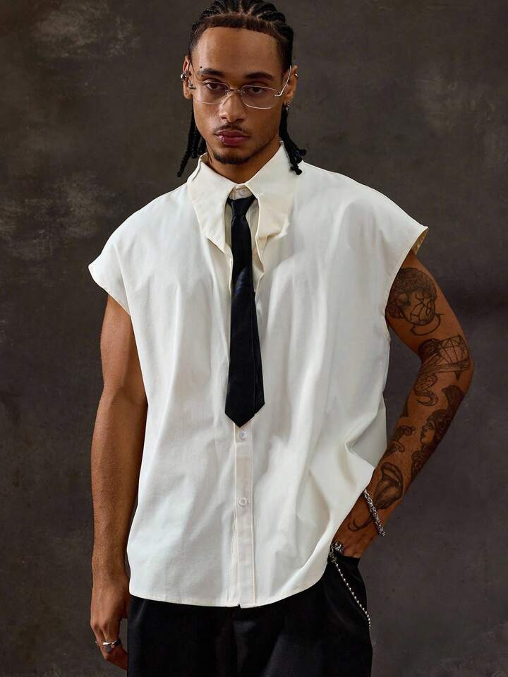 Prep Men's Summer Fashion Contrast Color Collar Wide Shoulder Shirt