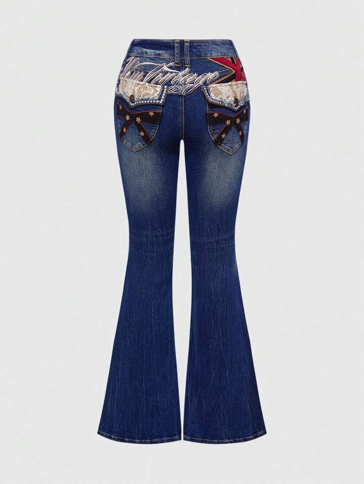 Hippie Women's Lace Trimmed Slim Fit Flare Leg Jeans