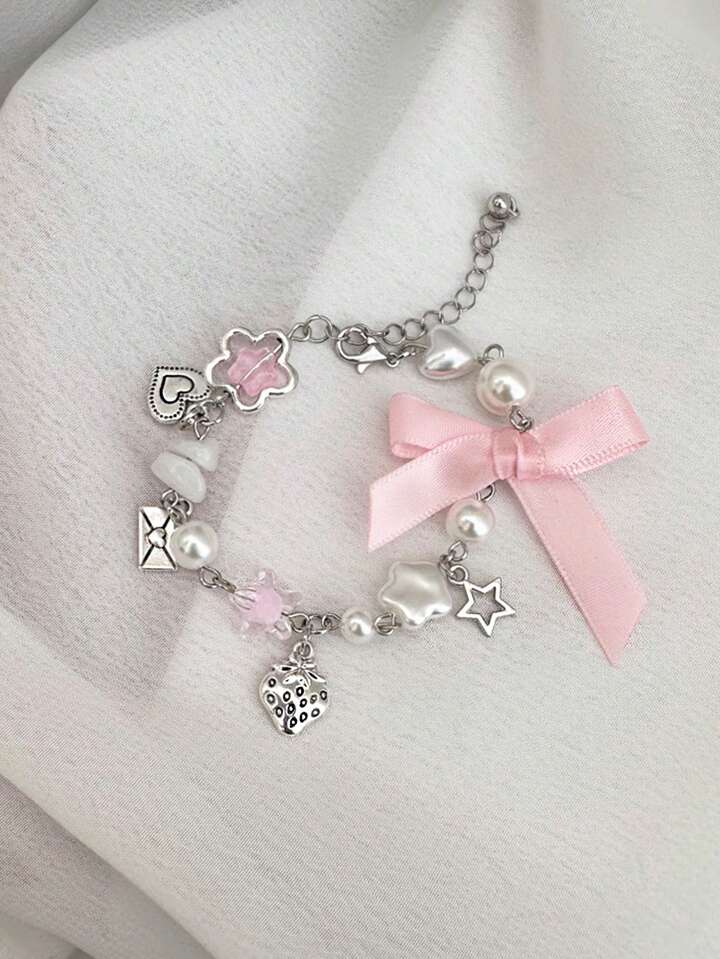 Kawaii 1pc Fashionable Sweet & Simple Star, Strawberry, Bowknot, Crystal And Faux Pearl Decor Chain Bracelet Valentines,Mom,Mother,Mother's Day,Gift