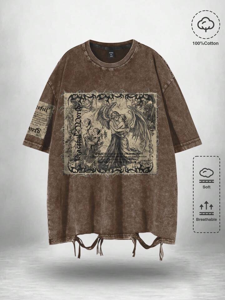 Grunge Punk Men's Vintage Angel Print Distressed T-Shirt, Summer, 2000s Style