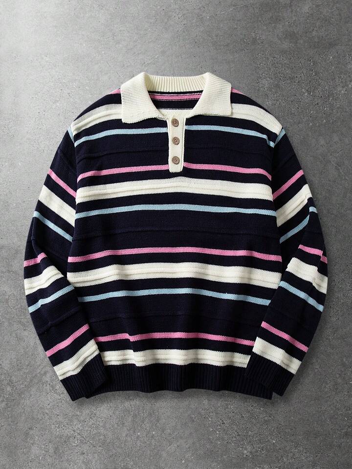 Men's Contrast Stripe Polo Neck Long Sleeve Sweater