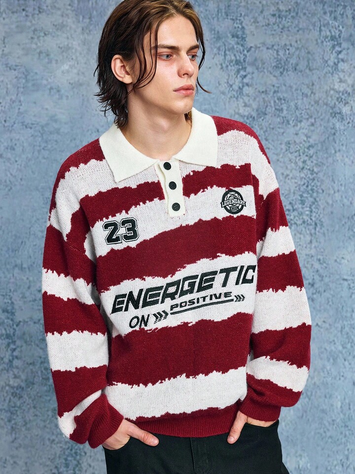 Men's Casual Prep Letter & Striped Drop Shoulder Long Sleeve Polo Neck Sweater, Autumn