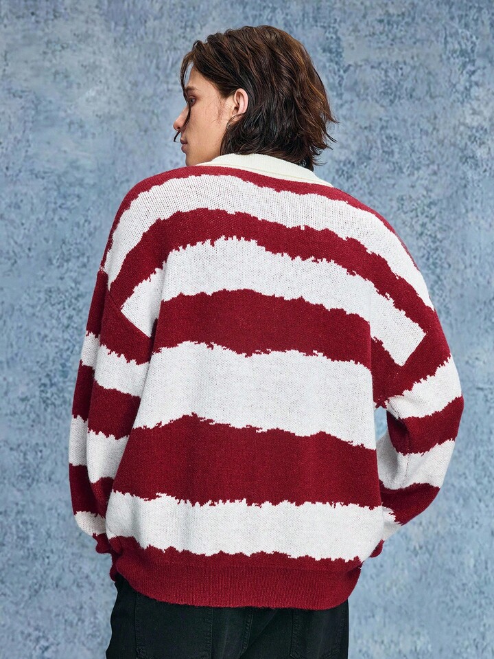 Men's Casual Prep Letter & Striped Drop Shoulder Long Sleeve Polo Neck Sweater, Autumn 2 Men's Casual Prep Letter & Striped Drop Shoulder Long Sleeve Polo Neck Sweater, Autumn