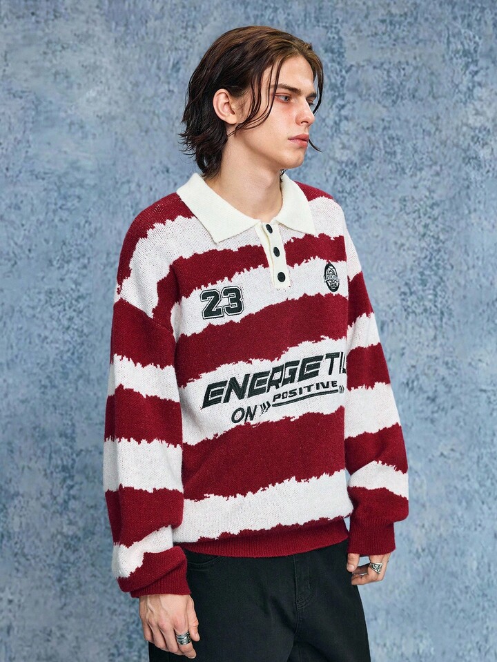 Men's Casual Prep Letter & Striped Drop Shoulder Long Sleeve Polo Neck Sweater, Autumn 4 Men's Casual Prep Letter & Striped Drop Shoulder Long Sleeve Polo Neck Sweater, Autumn