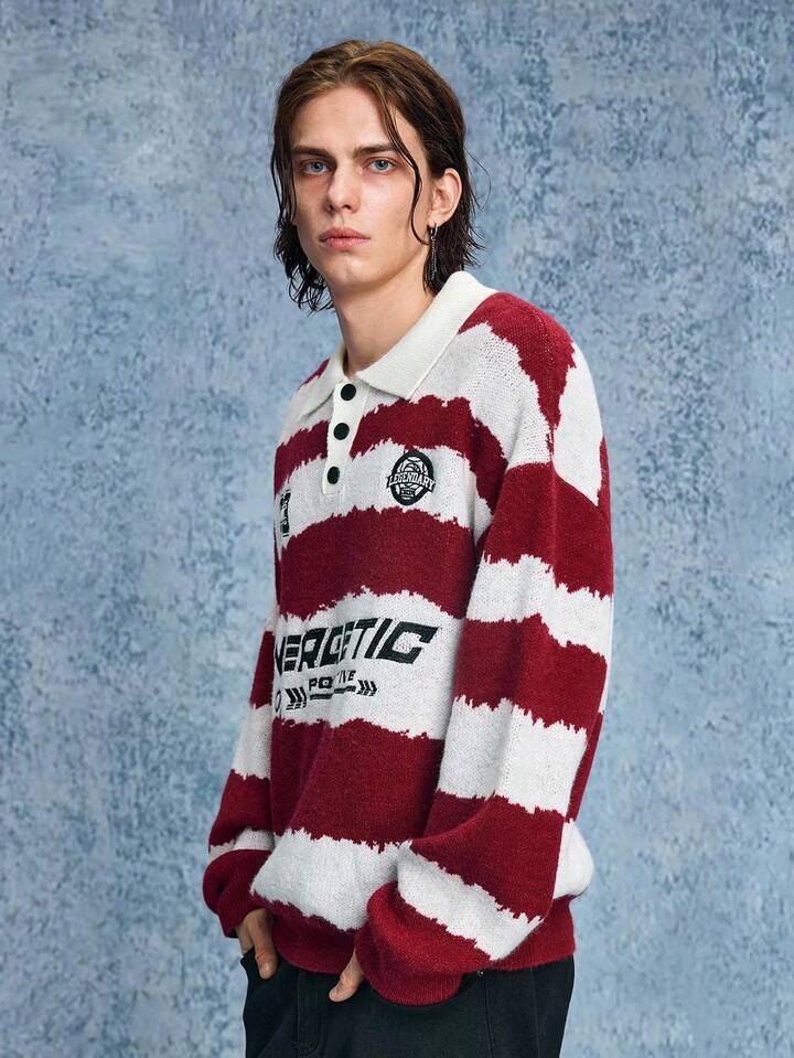 Men's Casual Prep Letter & Striped Drop Shoulder Long Sleeve Polo Neck Sweater, Autumn 5 Men's Casual Prep Letter & Striped Drop Shoulder Long Sleeve Polo Neck Sweater, Autumn