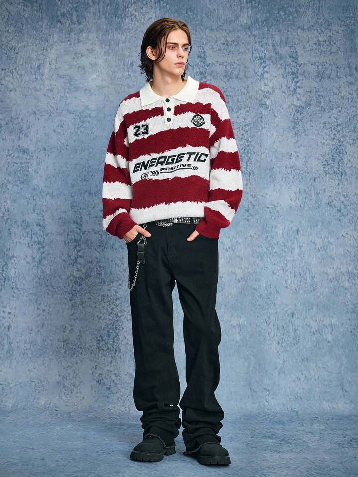 Men's Casual Prep Letter & Striped Drop Shoulder Long Sleeve Polo Neck Sweater, Autumn 6 Men's Casual Prep Letter & Striped Drop Shoulder Long Sleeve Polo Neck Sweater, Autumn