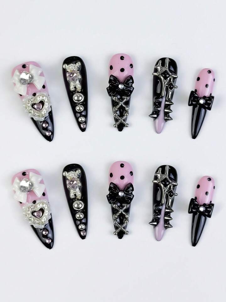 Anime 10pcs Y2K Cute Heart, Star, Bow, Wing Nail Art Stickers With Tape