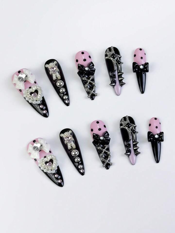 Anime 10pcs Y2K Cute Heart, Star, Bow, Wing Nail Art Stickers With Tape