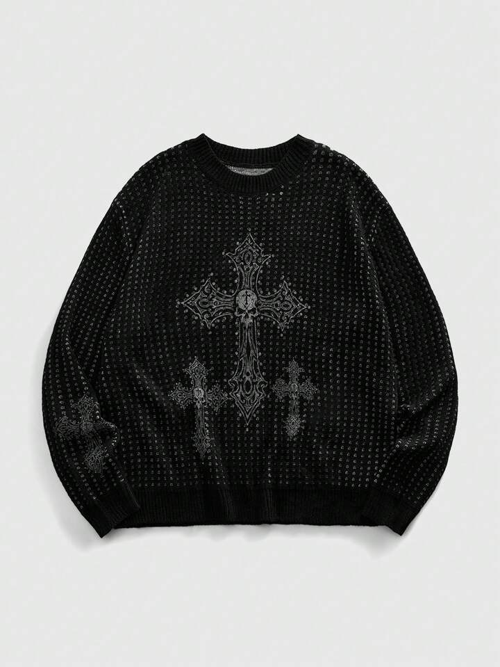 Street Life Men's Cross Graphic Crew Neck Loose Fit Casual Sweater