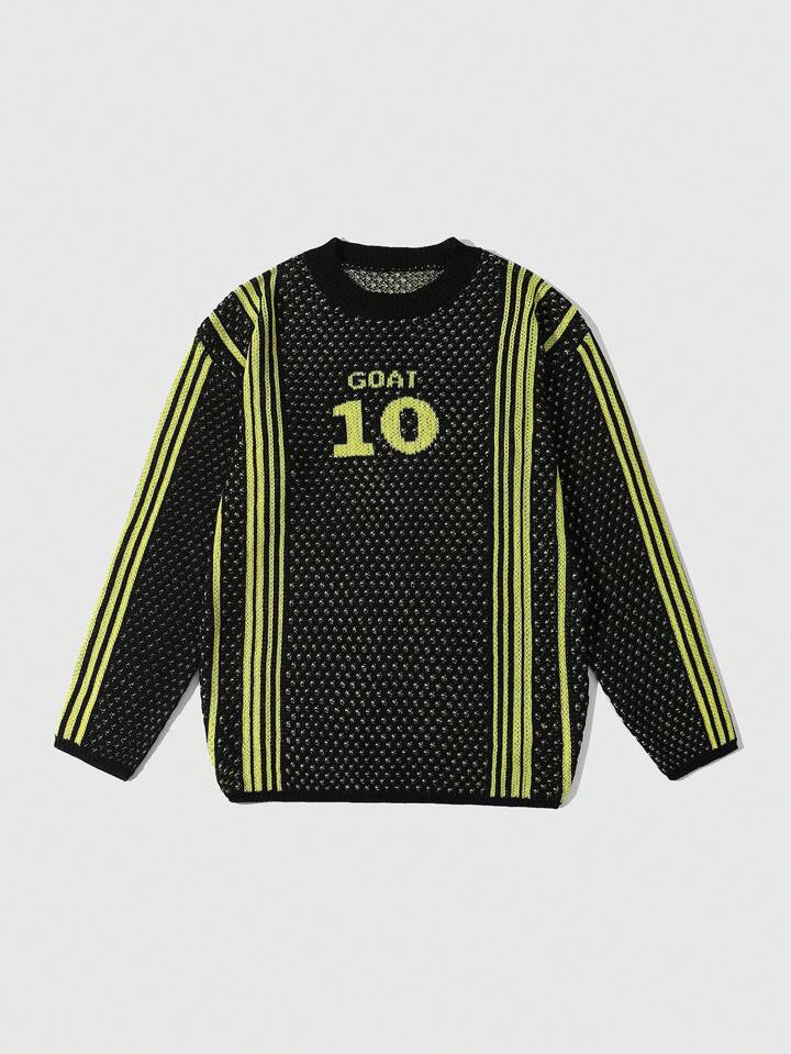 Street Life Men's Striped Jacquard Knit Number Pattern Long Sleeve Sweater, Sporty Football Style
