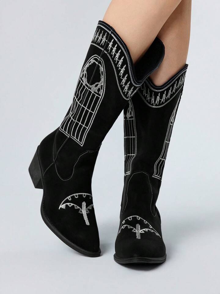 Women's Gothic Punk Embroidery V-Cut Western Cowboy Boots, Thick Heel Tall Mid-Calf Boots, Halloween