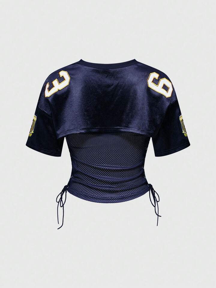 Street Life 2pcs/Set Summer Casual Streetwear Sports Jersey Cropped Top & Tie-Up Fitted Bandeau Top 2 Street Life 2pcs/Set Summer Casual Streetwear Sports Jersey Cropped Top & Tie-Up Fitted Bandeau Top