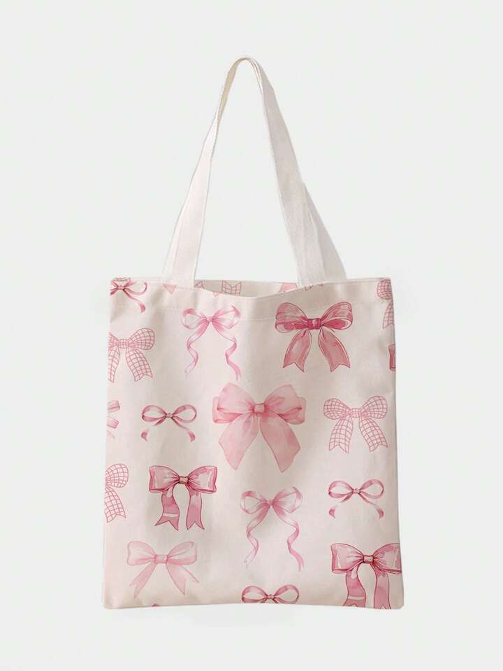 Kawaii Versatile Pink Bow Print Double-Sided Printing Canvas Tote Bag , Beach Bag