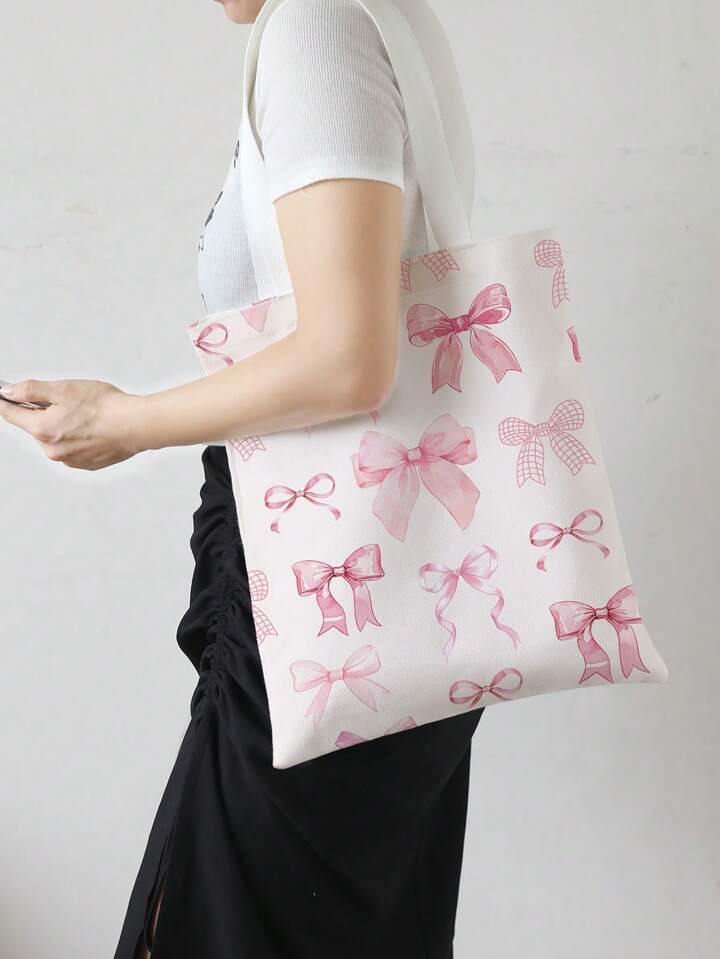 Kawaii Versatile Pink Bow Print Double-Sided Printing Canvas Tote Bag , Beach Bag