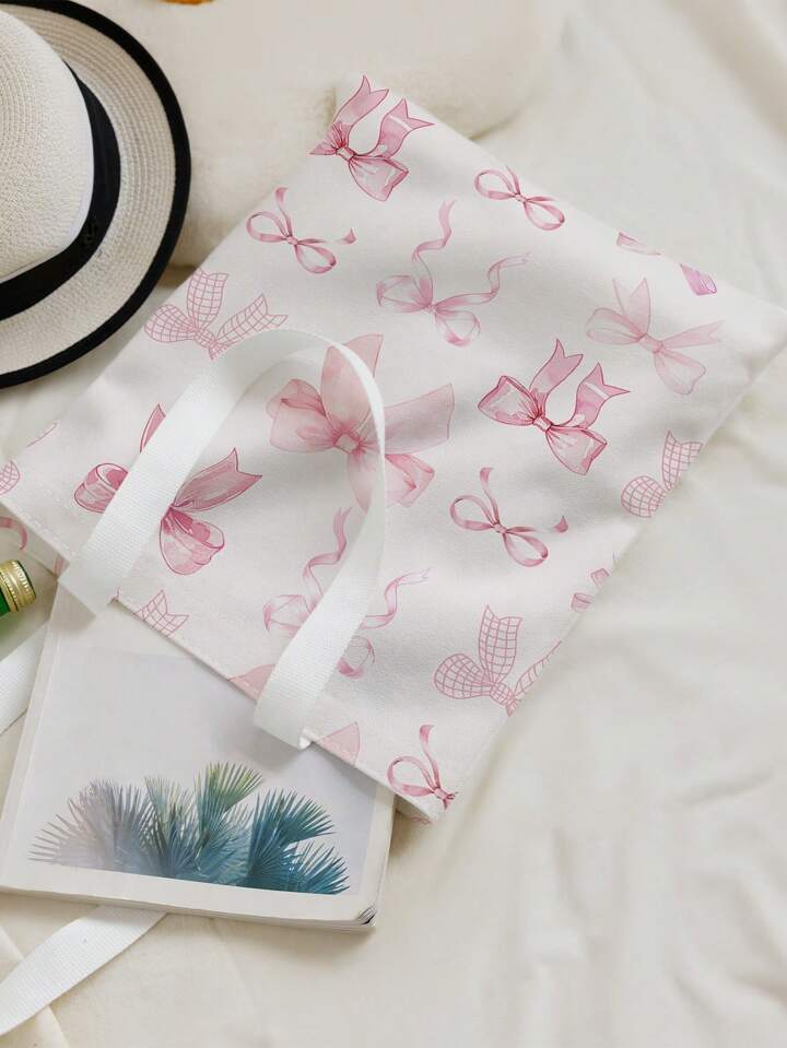 Kawaii Versatile Pink Bow Print Double-Sided Printing Canvas Tote Bag , Beach Bag