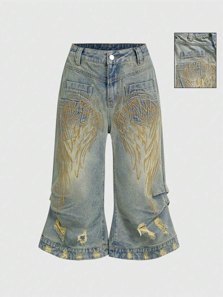 Grunge Punk Y2K Vintage Sexy Angel Wings Embroidered Ruched Distressed Low Waist Women Denim Shorts