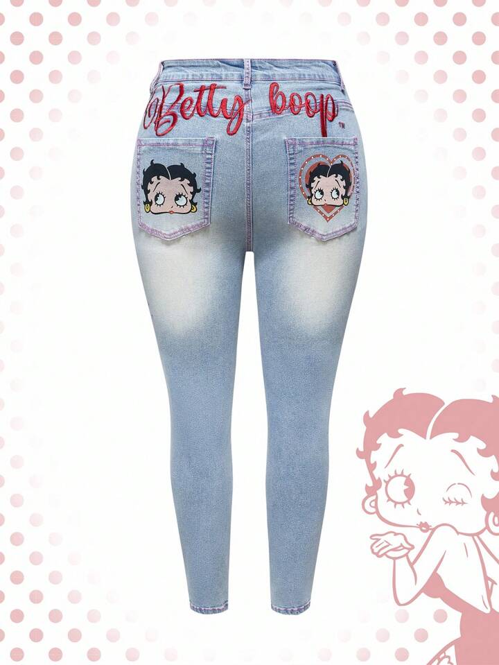 Betty Boop | ROMWE Back To School  Plus Size Cartoon Figure Graphic Skinny Jeans,Fall Clothes For Women